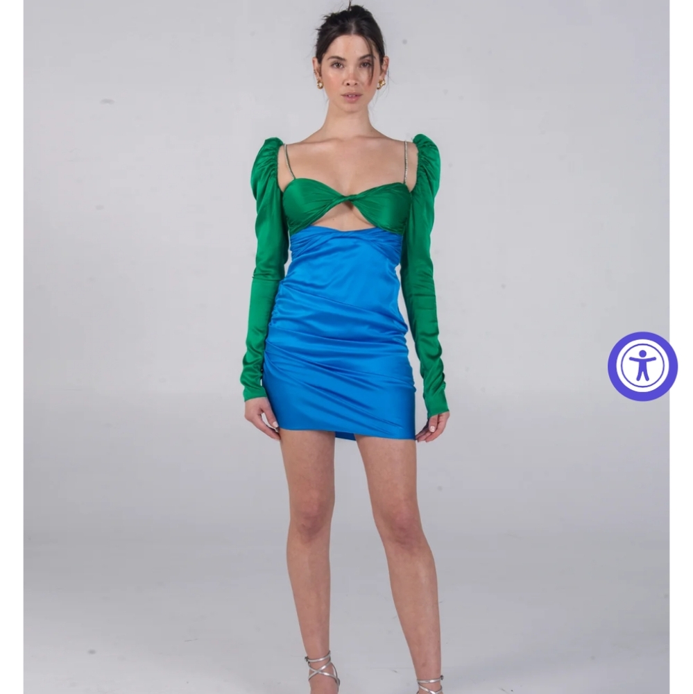 The Bar Green and Blue Puff Sleeve Bodycon Dress